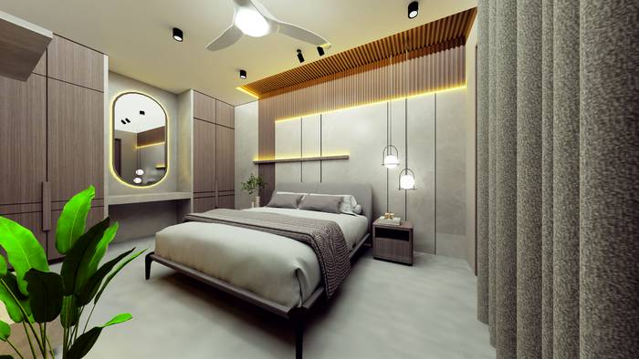 Master bedroom with fluted headboard wall and wardrobe