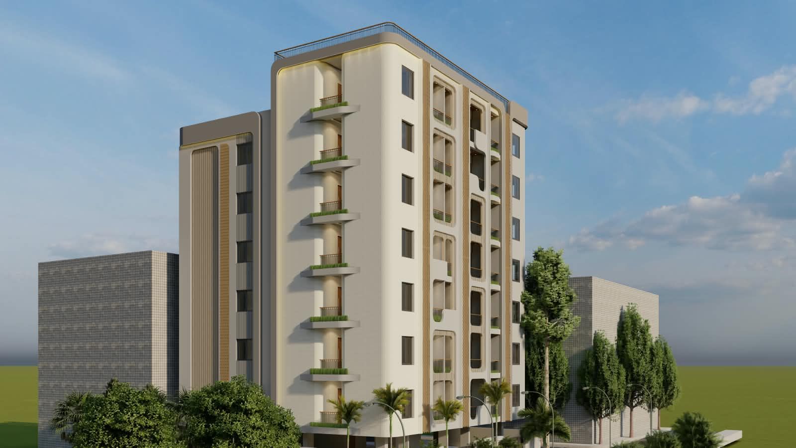 Chahat Residency view showing the curved corner and cantilevered balconies