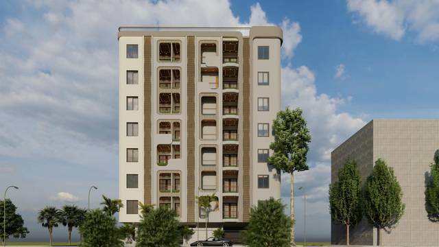 Chahat Residency front elevation with wood-finish fins and balconies