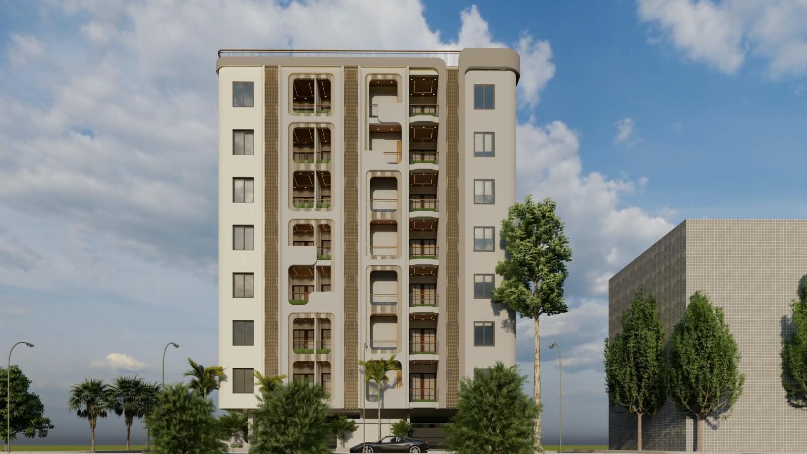 Chahat Residency front elevation with wood-finish fins and balconies