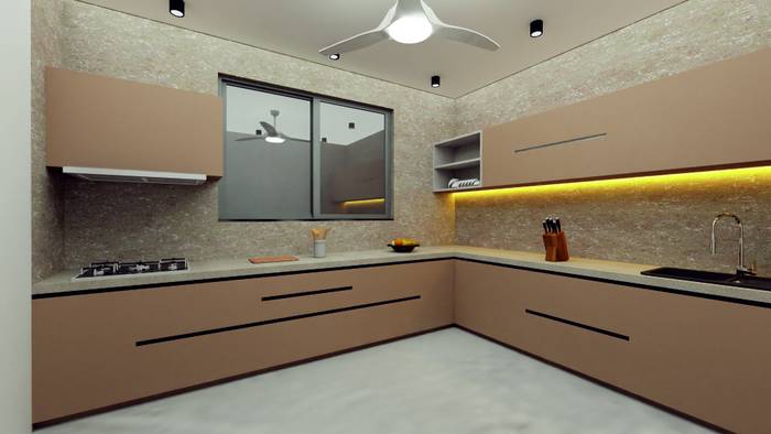 L-shaped modular kitchen with under-cabinet lighting