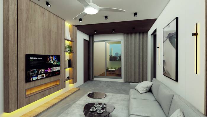Living hall with wooden TV wall, cove lighting and sofa