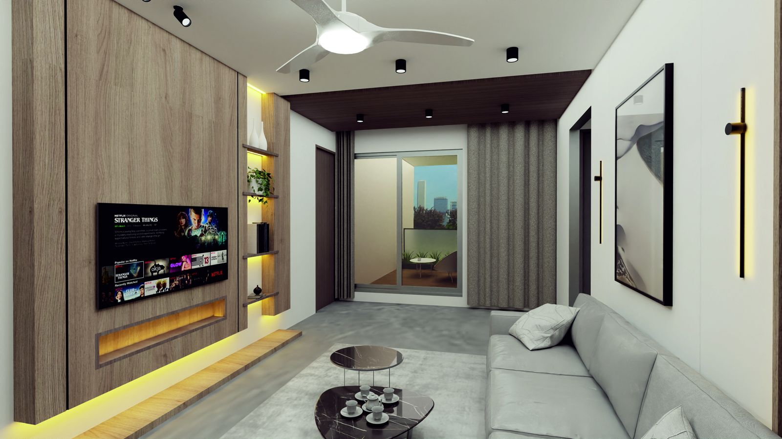 Living hall with wooden TV wall, cove lighting and sofa