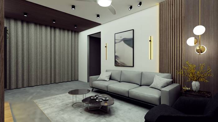 Living hall seating area with pendant lights