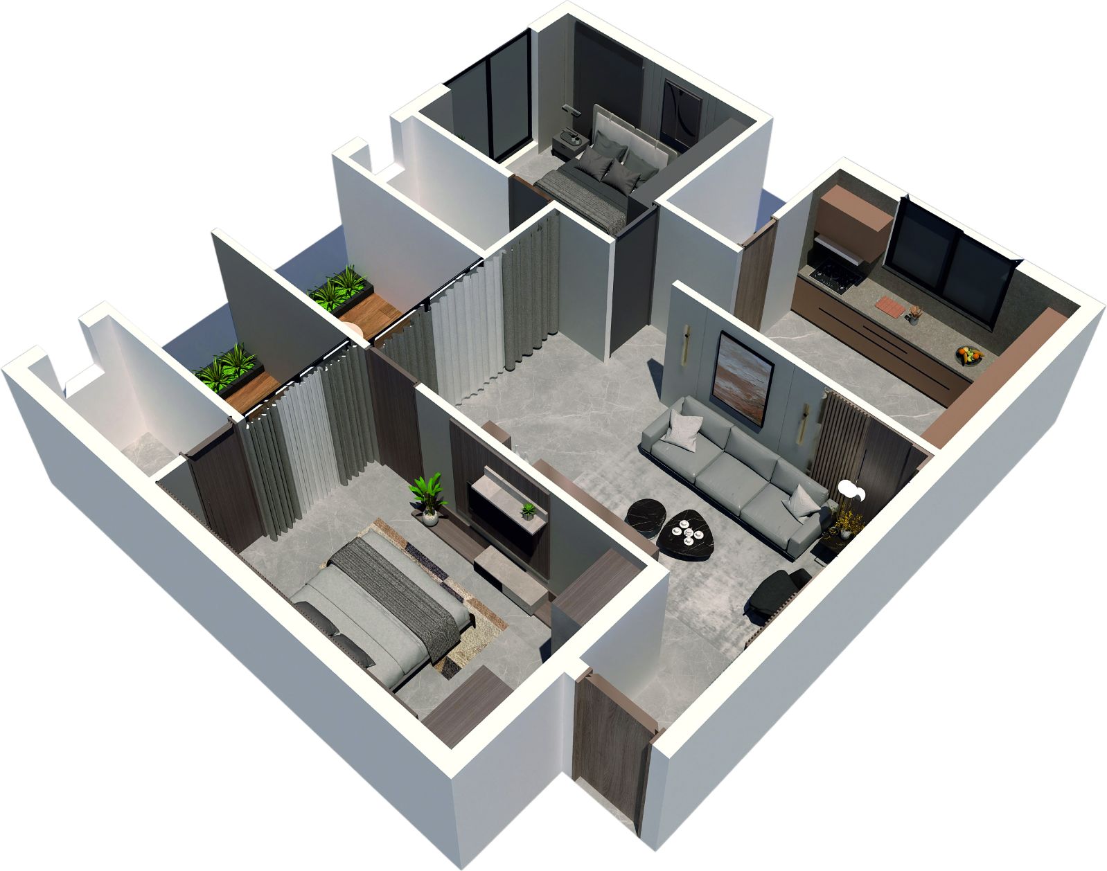 3D cut-away plan of 2 BHK flat type 101