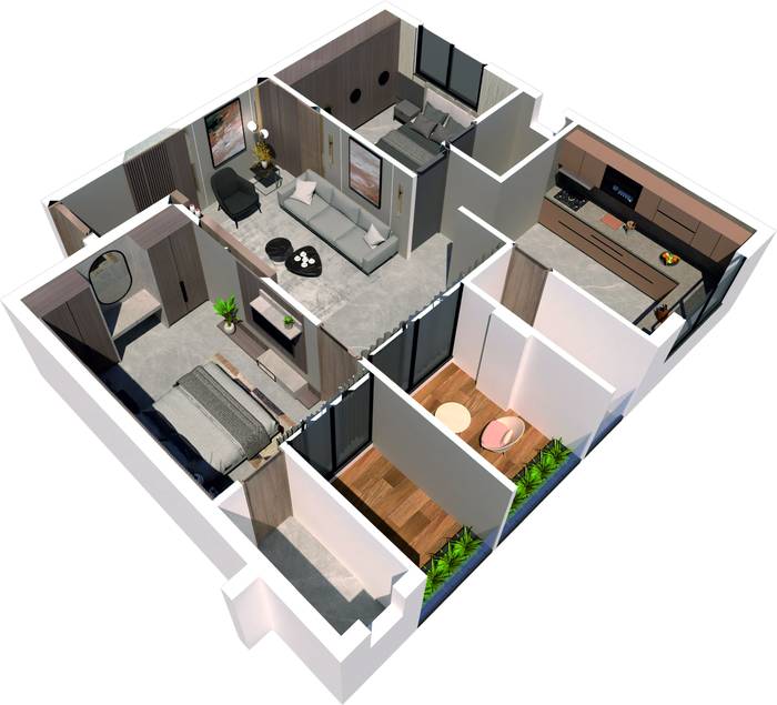 3D cut-away plan of 2 BHK flat type 102