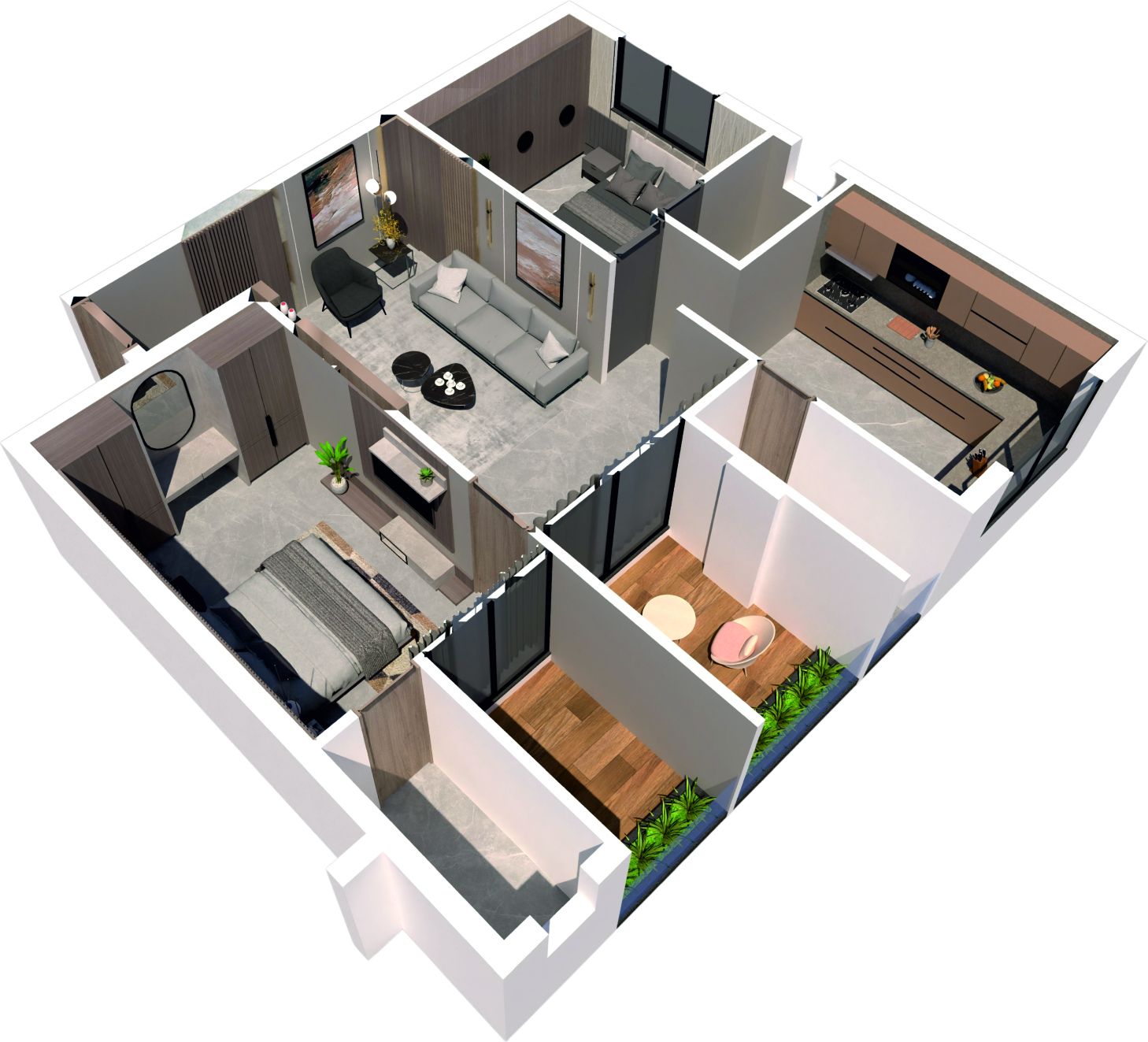 3D cut-away plan of 2 BHK flat type 102