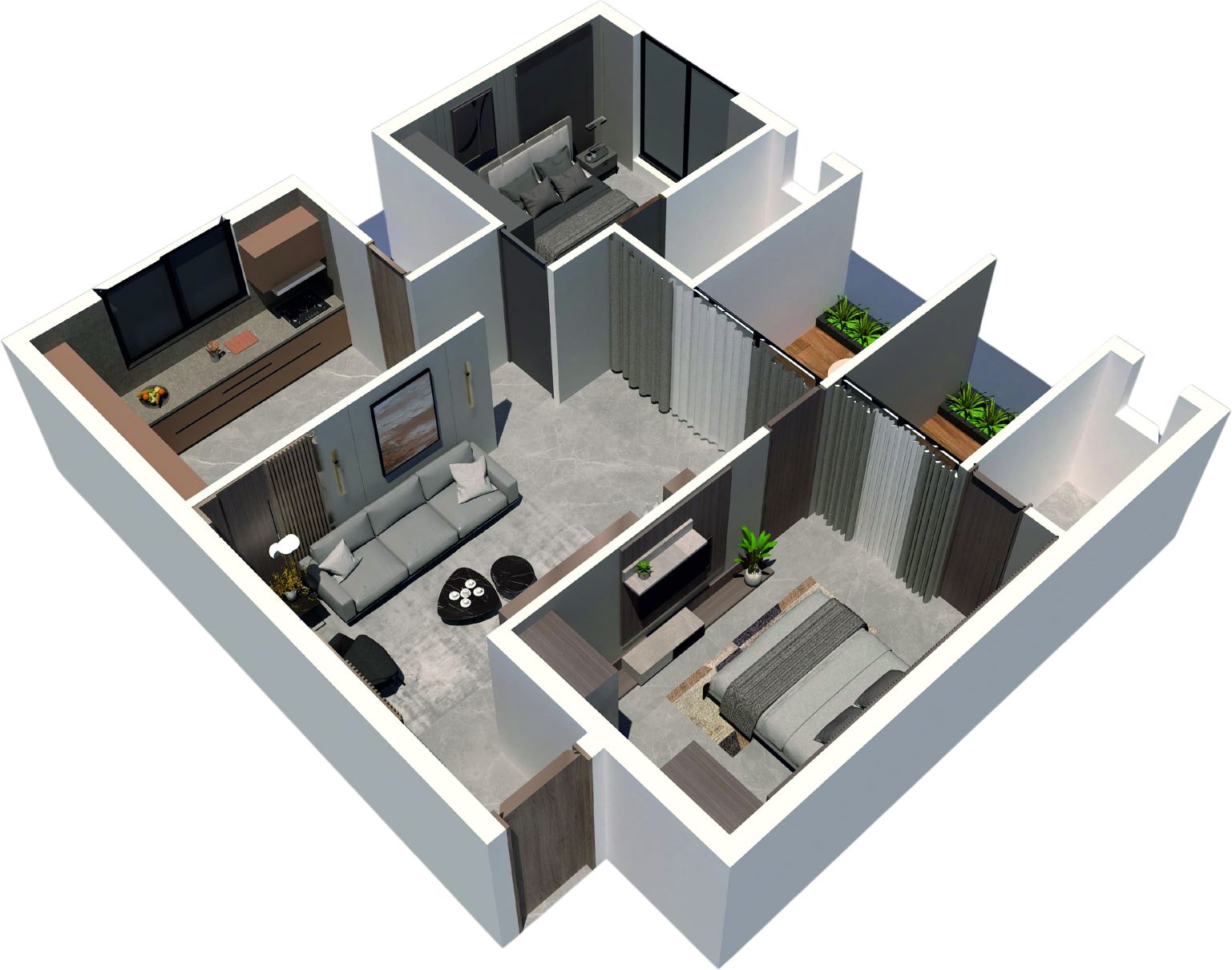 3D cut-away plan of 2 BHK flat type 103