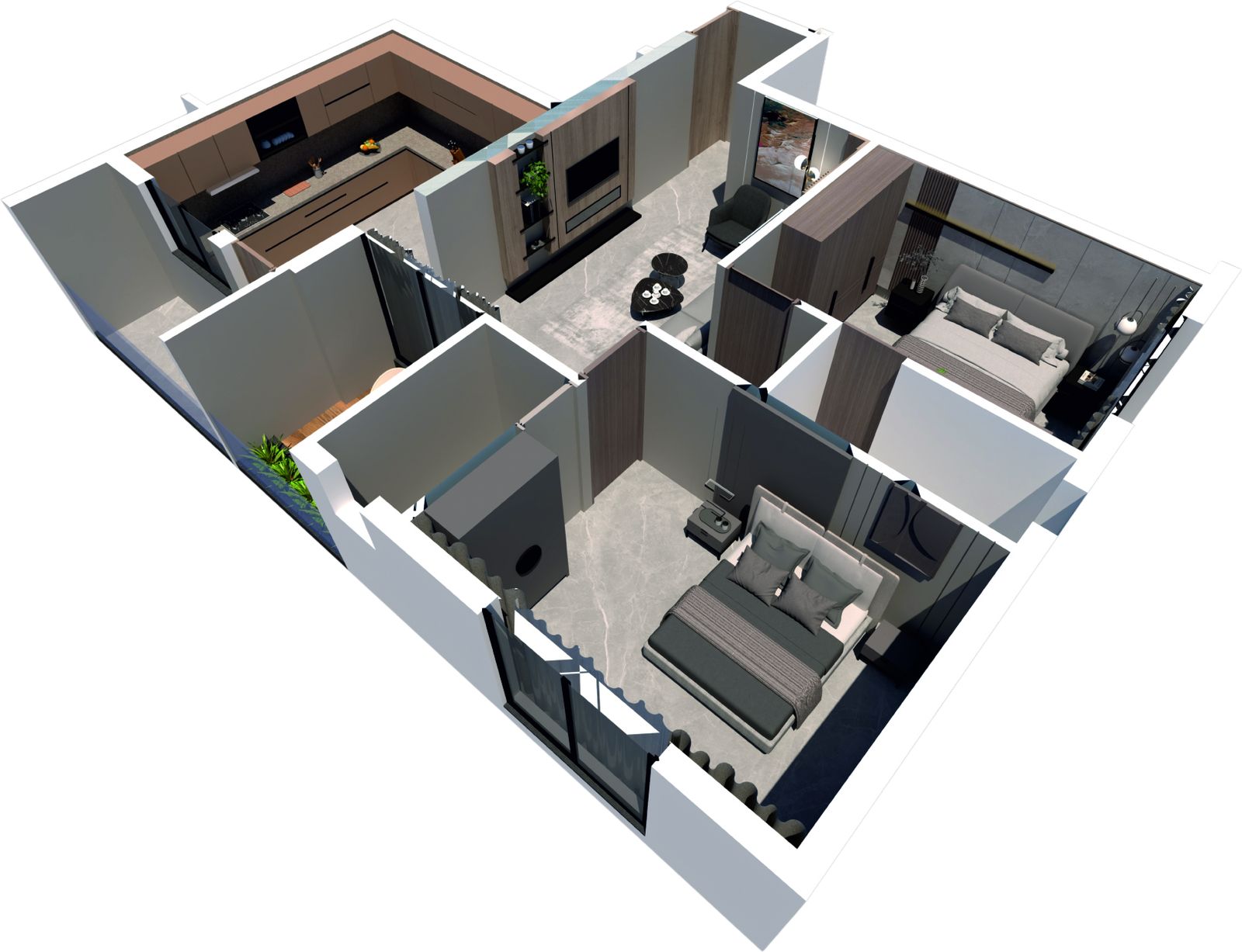 3D cut-away plan of 2 BHK flat type 104