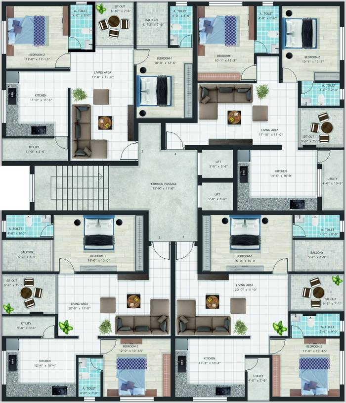 Typical floor plan showing all four flats, stairs and two lifts